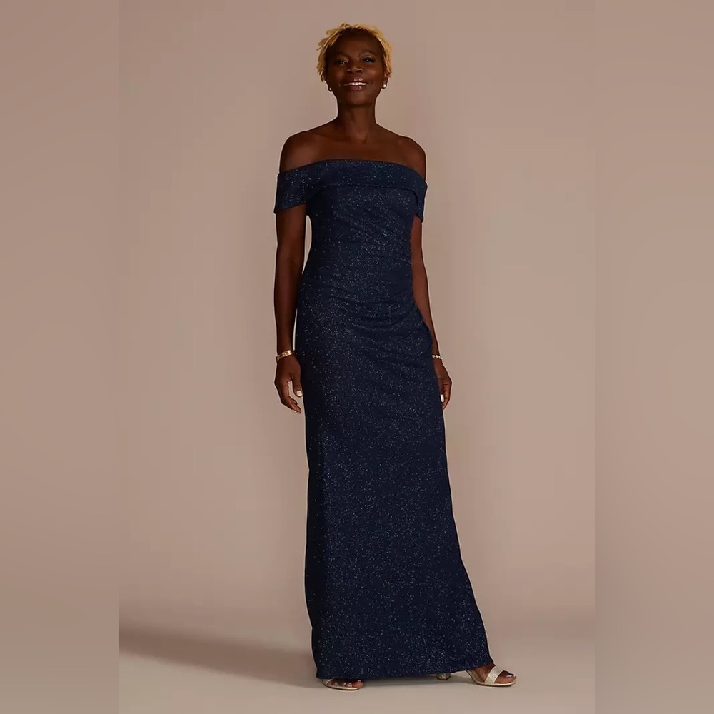 Oleg Cassini Off-the-Shoulder Draped Glitter Knit Sheath